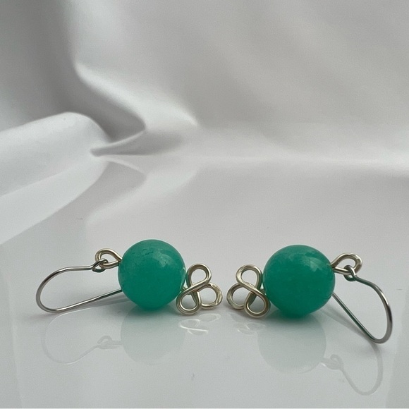 Jade Beaded Wire Wrapped Earrings Blue-Green Hypoallergenic - Picture 11 of 12